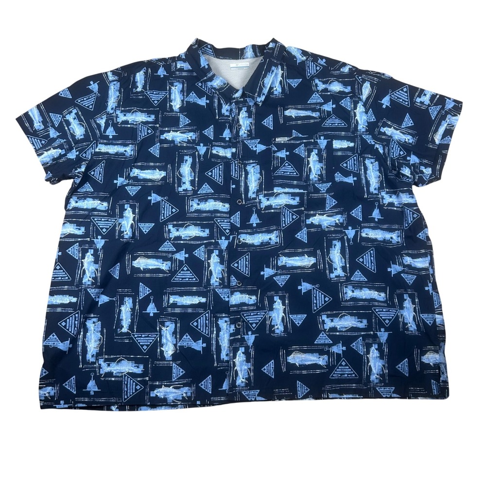 Columbia Navy Blue & Light Blue Graphic Short Sleeve Button Down Shirt